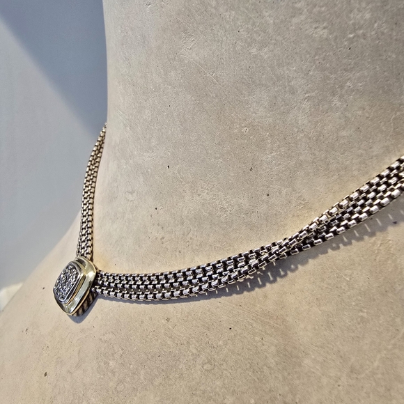 David Yurman 18K Gold & Sterling Silver Pave Diamond Pendant Box Chain Necklace - Picture 4 of 9